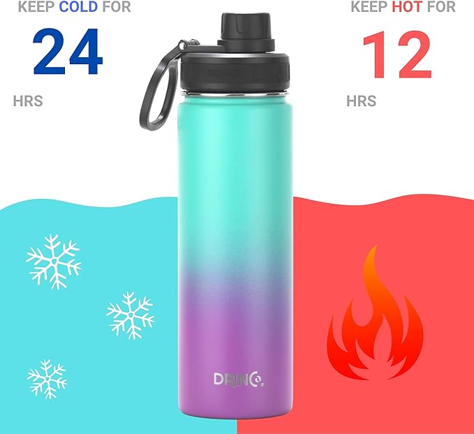 DRINCO Stainless Steel Water Bottle Spout Lid Vacuum Insulated Double Wall Water Bottle Wide Mouth (40oz 32oz 22oz 18oz 14oz) Leak Proof Keeps Cold or Hot (22 oz, 22oz Ombre Fuschia Teal)-PurrikoPets