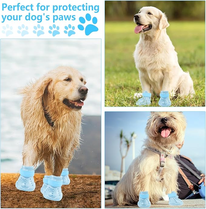 Dog Shoes, Dog Sandals for Hot Pavement, Non-Slip Waterproof Dog Booties for Winter Snowy Day and Summer, Adjustable Straps Easy-Clean Beach Outdoor Pet Boots Rugged Sole-4Pcs Blue-PurrikoPets