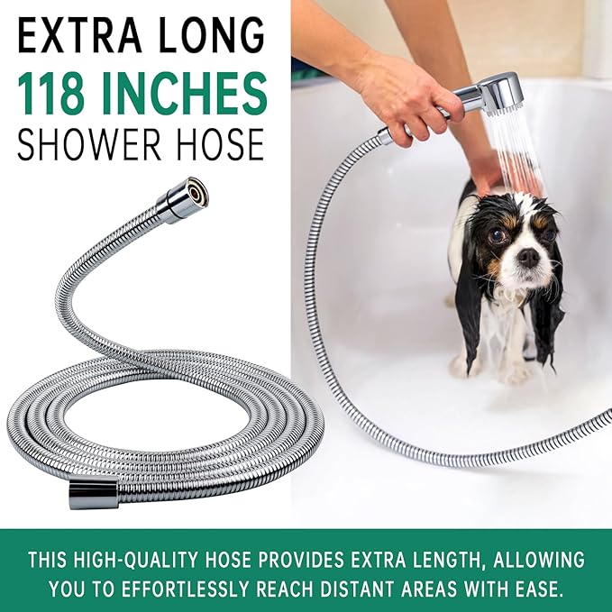 3 Mode Dog Shower Attachment, High Pressure Handheld Sprayer with ON/OFF Switch, G1/2" Metal Shower Diverter, 118 Inches Stainless Steel Hose, No Drill Hook, for Indoor and Outdoor Pet Bat-PurrikoPets
