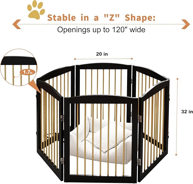 Freestanding Pet Gate for Dogs, Foldable Wooden Dog Gate for House, Extra Wide Indoor Pet Barrier for Stair, Doorway, Hall, Support Feet Included, 120 Inch Wide, 6 Panels 24",Black&Gold-PurrikoPets