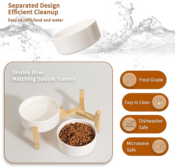 Elevated Ceramic Dog Bowl Set - Raised Feeding Bowls with Non-Slip Bamboo Stand - Small Pet Dishes for Food and Water - Ideal for Cats and Puppies - 16.23 OZ - 2 Cups - 480 ML-PurrikoPets