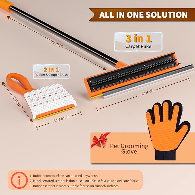 3 in 1 Carpet rake Kit for Pet Hair Removal Tool - Reusable Pet Hair Remover broom w 58"Adjustable Long Handle, Dog & Cat Carpet Scraper, Pet Hair Remover for Rugs, Mats, Couch, Curtains(Orange)-PurrikoPets