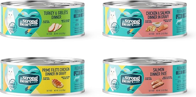 A Strong Heart Canned Wet Cat Food, Dinner Variety Pack - 5.5 oz Cans (Pack of 32), Made in The USA with Real Chicken, Turkey & Salmon-PurrikoPets