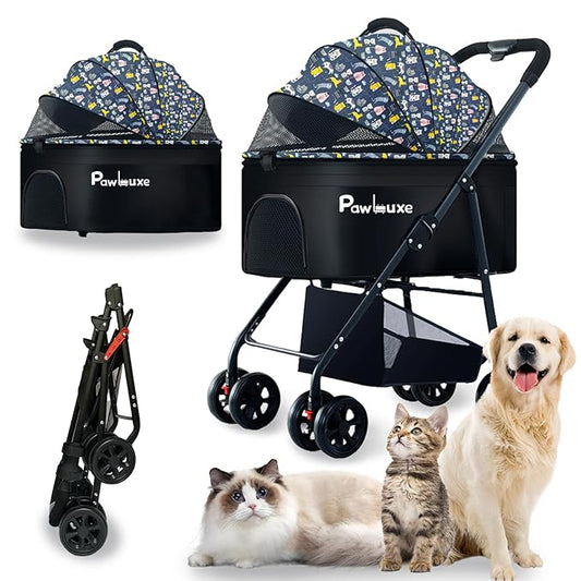 4 Wheels Pet Stroller 4 in 1 Pet Stroller with Detachable Carrier for Small & Medium Dogs Cats up to 55 lbs Easy-Folding Travel Dog Wagon with Car Seat Breathable Mesh,Blue Cartoon-PurrikoPets