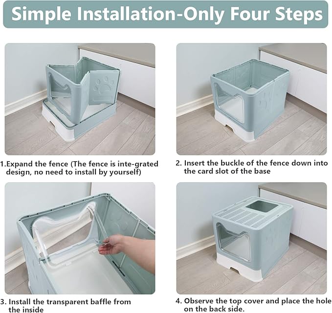 Foldable Cat Litter Box with Lid, Enclosed Potty, Large Top Entry Anti-Splashing Toilet, Easy to Clean Including Litter Scoop and 2-in-1 Cleaning Brush (Blue)-PurrikoPets