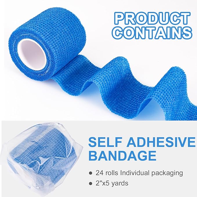 24 Pack Self Adherent Cohesive Wrap Bandages, 2” x 5 Yards Blue Athletic Tape, Medical Tape, Vet Wrap, Elastic Grip Tape for Sports Wrist Ankle Pet Ankle Swelling Sprains-PurrikoPets