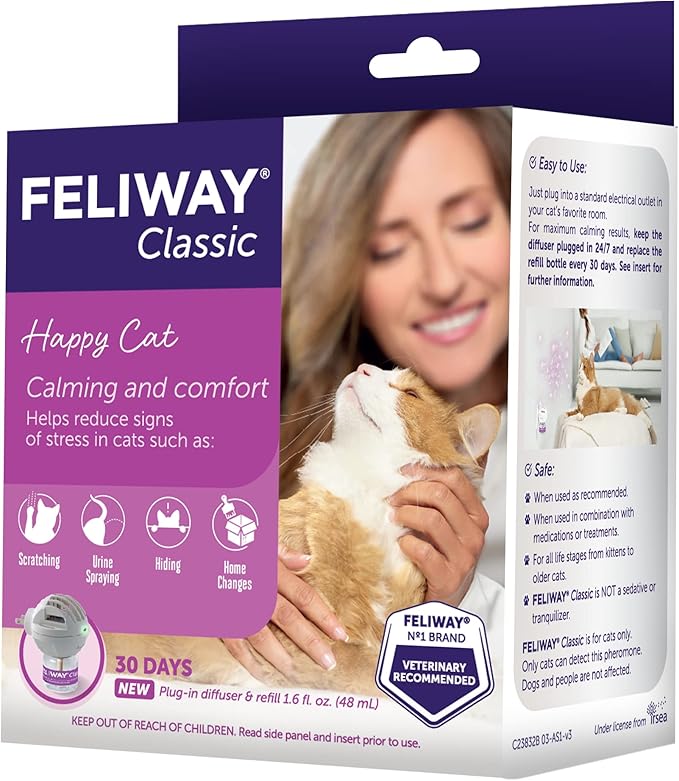 FELIWAY Classic 30 Day Cat Calming Plug In Pheromone Diffuser Starter Kit, 48ml - Helps Reduce Common Signs of Stress in Cats & Kittens, Enhanced Calming-PurrikoPets