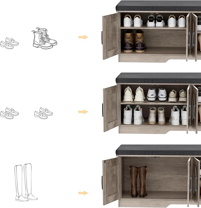 2-Tier Storage Bench, Shoe Bench with Padded Seat Cushion, Entryway Bench with 4 Barn Doors, Adjustable Shelf, 13.8" D x 47.2" W x 17.7" H, for Entryway, Living Room, Bedroom, Greige-PurrikoPets
