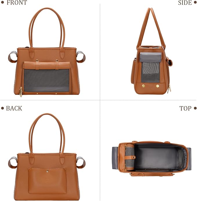 Fashion Pet Carrier Purse for Small Cat and Dog, Luxury Pu Soft-Sided Tote Bag with Large Pockets for Dogs and Puppies (Brown, 15.8" L x 7.5" W x 11.8" H)-PurrikoPets