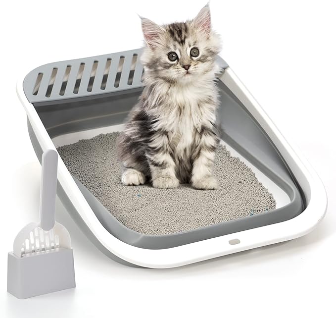 Foldable Cat Litter Box, Large Height-Adjustable Anti-Splash Open Air Kitty Litter Pan, Easy Clean with Scoop (Gray)-PurrikoPets