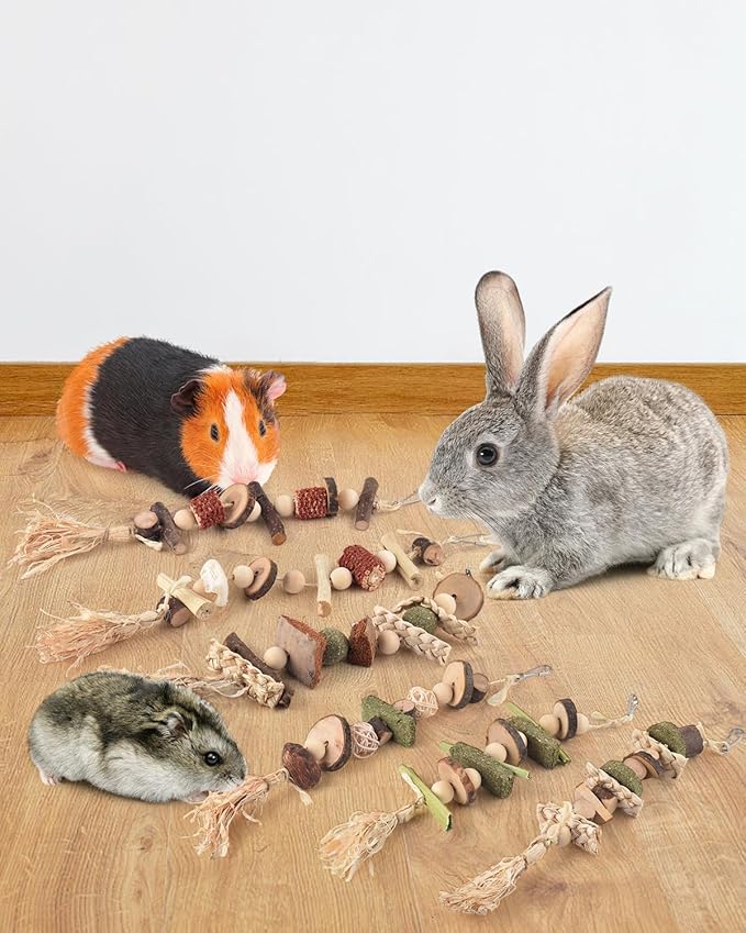 6PCS Bunny Chew Toys, Hamster Rabbit Cage Hanging Chew Toys, Natural Apple Wood Bunnies Treats, Improve Small Animal Teeth Health for Guinea Pig Chinchilla Ferret Rats Gerbil-PurrikoPets