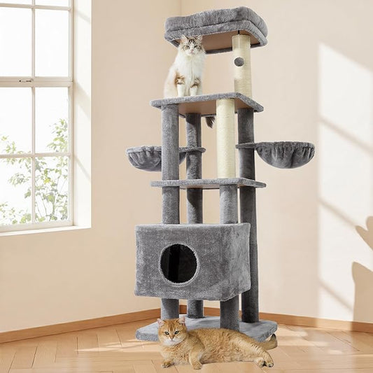 Gardner Pet 65in Heavy Duty Cat Tree Tower for Large Cats, Multi-Level Cat Furniture with Replaceable Sisal Scratching Post, Hammock | Extra-Large Platform & Condo (Grey)-PurrikoPets