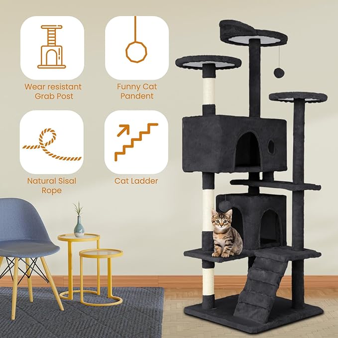 54.7 inches Cat Tower for Indoor Cats, Multi-Level Cat Condos with Scratching Posts, Hanging Toys, Dark Gray-PurrikoPets