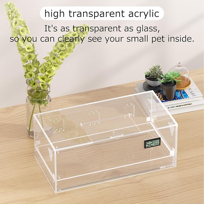 Acrylic Tarantula Enclosure, Reptile Terrarium Breeding Tank w/Temperature Hygrometer,Habitat Reptiles Feeding Box Isopod Terrarium Cage for Insect Lizard Home Office (Reptile-Tank-L(Tray))-PurrikoPets