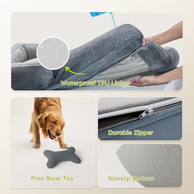 Extra Large Dog Bed, Orthopedic XL Dog Bed with Cooling Gel Memory Foam, Waterproof Pet Bed with Removable Washable Cover, 42" Pet Sofa Couch Dutch Velvet with Bone Toy, Dark Gray-PurrikoPets
