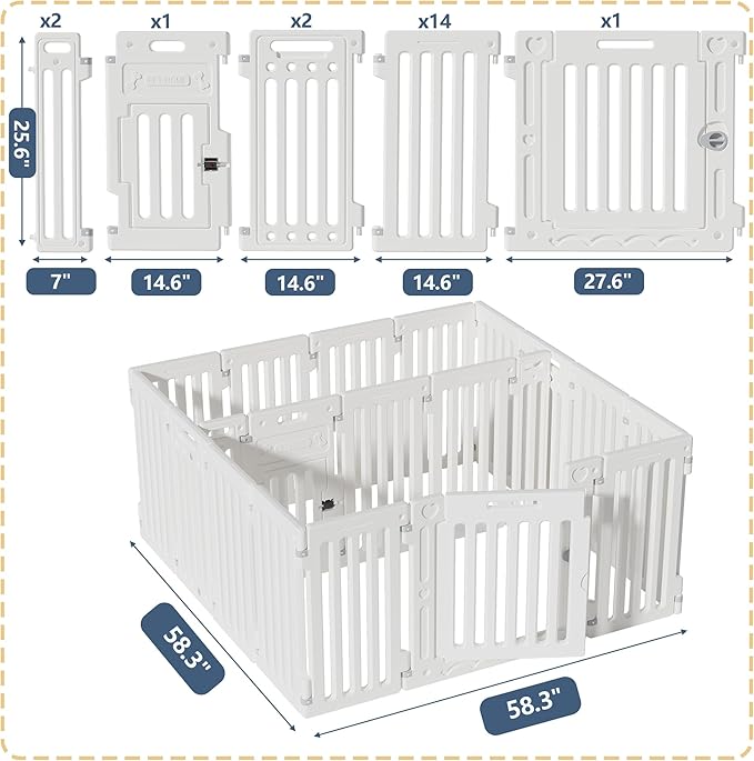 2 Room Dog Playpen with Door,DIY Shape Combination Puppy Pen,16-Panel+2 Link Piece+Large Door+Small Door,25.5" H Dog Fence,Non-Slip&Secure Pet Gate,Easy to Assemble-PurrikoPets