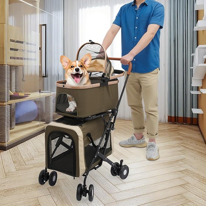 Foldable Pet Stroller for Small & Medium Dogs, Double Dog & Cat Stroller with 3-in-1 Travel System, Detachable Pet Carrier with Wheels for Cats and Dogs up to 77 lbs, Dark Green-PurrikoPets