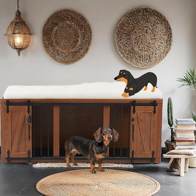 56" L Dog Crate Furniture with Padded Seat, End of Bed Bench Ottoman with Cushion, Wooden Dog Kennel with Pet Stairs & Sliding Barn Door for Bedroom, Living Room, Walnut-PurrikoPets