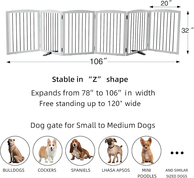 Freestanding Panel Dog Gate for Indoor, Doorways,Stairs, or Hallways,Foldable Wooden Dog Gates for House,Pet Gate for Dogs,Dog Fence, Puppy Gate,Support Feet Included,32 "Height-6 Panels,White-PurrikoPets