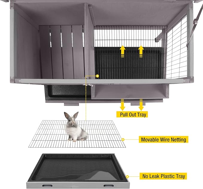 Aivituvin Outdoor Rabbit Hutch, Wooden Bunny Cages Indoor with Deeper Leakproof Tray - Upgrade with Metal Wire Pan-PurrikoPets