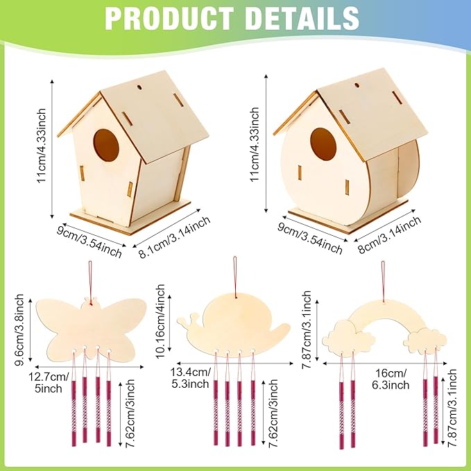 30 Pcs Crafts DIY Bird House Wind Chime Kit Unfinished Wood Birdhouse Kits 12 Wooden Birdhouses & 18 Wind Chimes Build and Paint Birdhouses Bulk Crafts Set-PurrikoPets