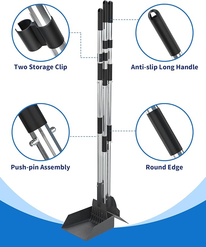 Dog Pooper Scooper Set, Stainless Metal Tray Rake Spade 3 Pack, Long Handle Pet Waste Scooper for Large Medium Small Dogs, Heavy Duty Poop Scooper for Yard, Grass, Dirt or Gravel-PurrikoPets