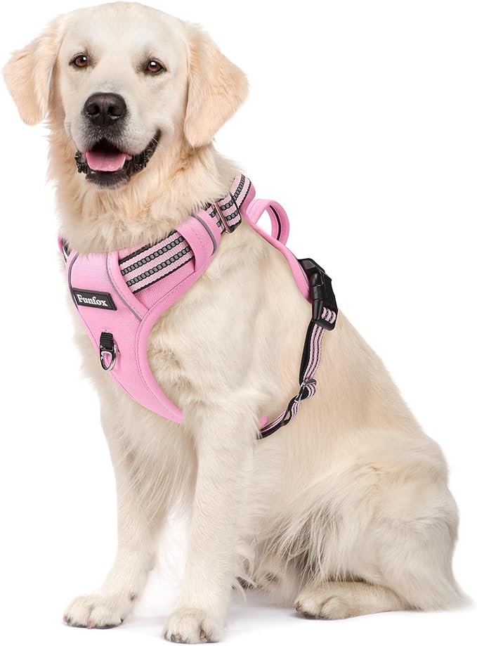 Funfox Dog Harness No Pull, Adjustable Pet Vest Harness, Super Soft Material with Vertical Handle Easy Control, Reflective Night Walking, 2 Leash Clips for Large Dogs, Pink, L-PurrikoPets