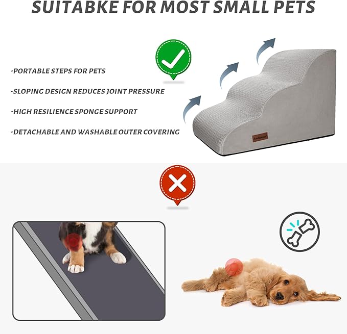 3-Step Dog Ramp and Stairs for Sofa and Chair - Non-Slip Sturdy Pet Steps for Small Dogs and Cats,15.7" H,Light Grey-PurrikoPets