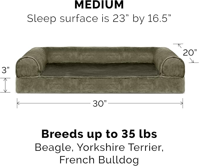 Furhaven Cooling Gel Dog Bed for Medium/Small Dogs w/ Removable Bolsters & Washable Cover, For Dogs Up to 35 lbs - Faux Fur & Velvet Sofa - Dark Sage, Medium-PurrikoPets