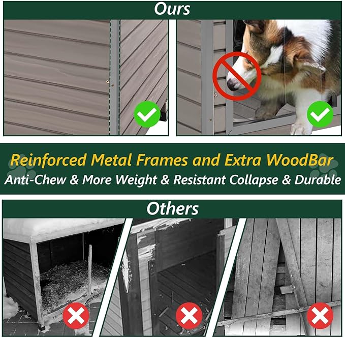 43.3" L Dog House Outdoor for Large Breeds Dogs Anti Chewing Iron Frames Dog Kennel Wooden Pet Houses for Indoor Outdoor with Weatherproof Roof,6 Elevated Feet, Reinforced Bottom Support-PurrikoPets