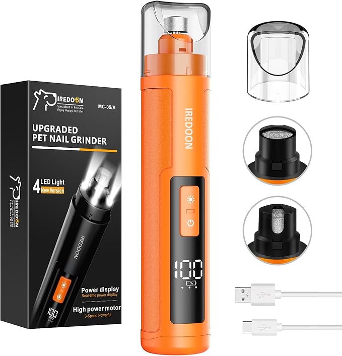 Dog Nail Grinder Upgraded - Professional 3-Speed Super Quiet and Low Vibration Electric Pet Nail Grinder with 4 LED Lights - Painless Paws Grooming & Smoothing for Small to Large Dogs (Orange)-PurrikoPets