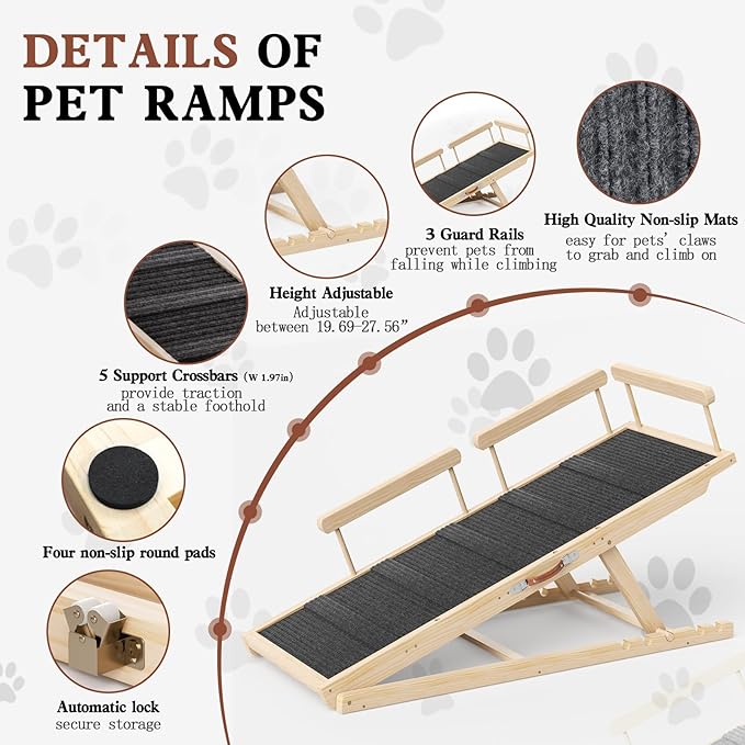 Dog Ramp for High Bed, Couch, Car, Pet Ramps 55.12" Long Adjustable 19.7"-27.6" Wooden Dog Step with High Traction Mat & Safety Side Rails for Small Medium Large Older Pets, up to 250 lbs-PurrikoPets