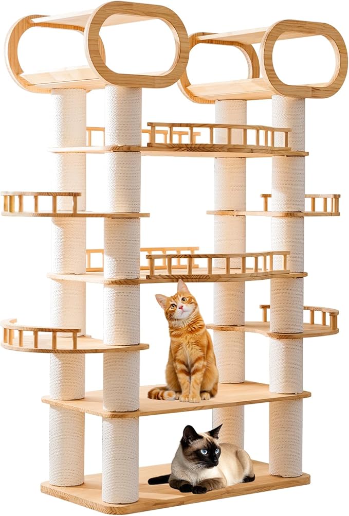 76.8'' Modern Cat Tree, Tall Cat Tower for Indoor Cats, Pine Wood Climb Tower with 2 Removable Mats, Heavy Duty Cat Furniture with Fully Wrapped Scratching Post, Huge Cat Condo for Multi-Cat Families-PurrikoPets