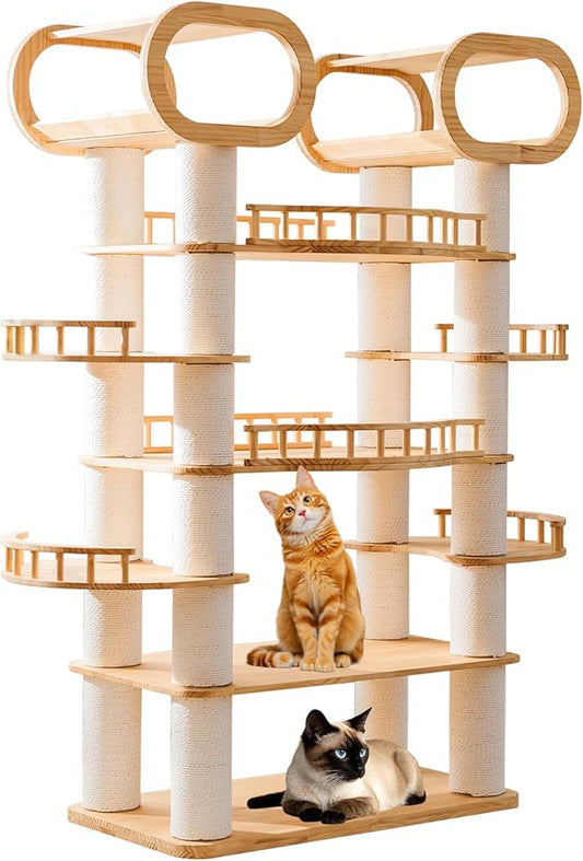 76.8'' Modern Cat Tree, Tall Cat Tower for Indoor Cats, Pine Wood Climb Tower with 2 Removable Mats, Heavy Duty Cat Furniture with Fully Wrapped Scratching Post, Huge Cat Condo for Multi-Cat Families-PurrikoPets