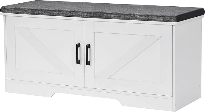 2-Tier Storage Bench, Shoe Bench with Padded Seat Cushion, Entryway Bench with 2 Barn Doors, Adjustable Shelf, 13.8" D x 39.4" W x 17.7" H, for Entryway, Living Room, Bedroom, White-PurrikoPets