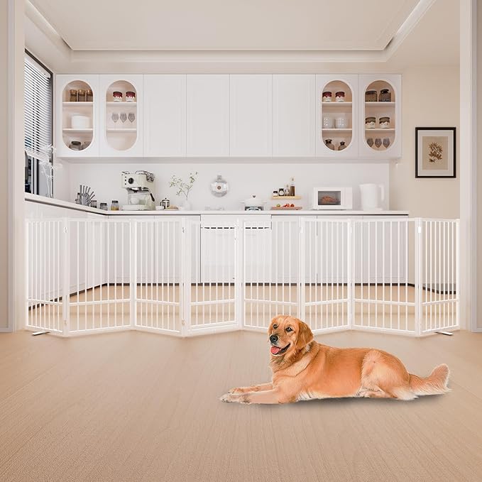 Full Metal Freestanding Dog Gate with Door, 36''Height Foldable Pet Dog Fence for Indoor & Outdoor, 8 Panels Extra Wide Free Standing TallDog Gates for Doorways,House,Stairs,Porch,Deck,Yard-PurrikoPets