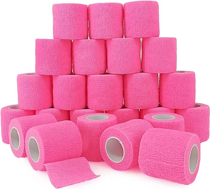 24 Rolls Pink Elastic Self Adhesive Bandage Wrap, Breathable Flexible Fabric Non Woven Cohesive Bandage, Ankle Sprains Swelling Medical First Aid Sports Athletic Tape, Dogs Pet Vet Wrap 2 in x 5 Yards-PurrikoPets