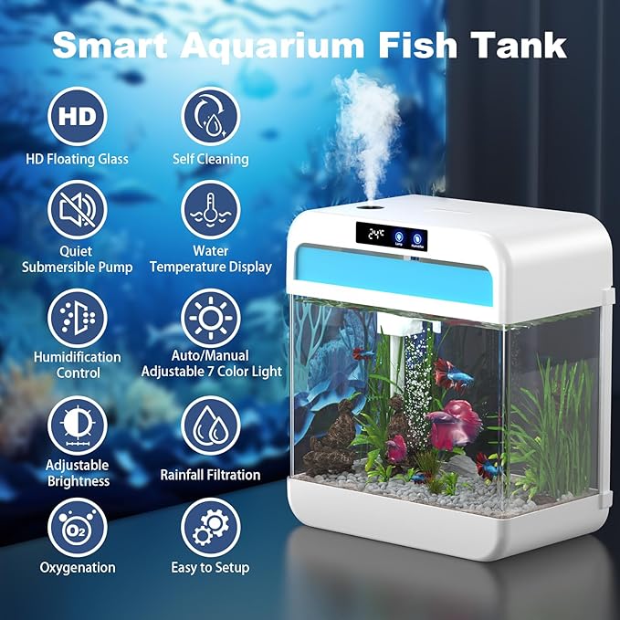 Fish Tank Aquarium 2.2 Gallon with 7 Color Auto-Looping Light, Fish Bowl with Humidifier 3 in 1 Pump - Filteration & Oxygenation & Circulation, Temperature Display, HD Float Glass, Thickened Base-PurrikoPets