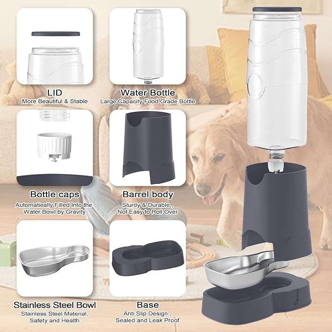 8L Automatic Pet Waterer,Gravity Stainless Steel Water Feeder,Gravity Pet Water Dispenser,Large Capacity Waterer with Stainless Steel Bowl for Medium and Large-Sized Cats and Dogs(8L,Grey)-PurrikoPets