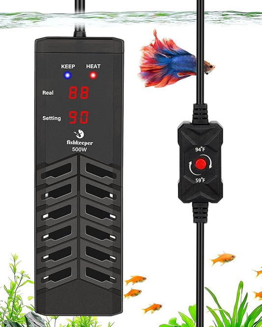 fishkeeper 500W Submersible Aquarium Heater – Ultra-Safe Digital Fish Tank Heater for 53-130 Gallon, Leaving Water Auto Power-Off, PID Intelligent Fast Heating, 59°F-93°F Accurate Temperature Control-PurrikoPets
