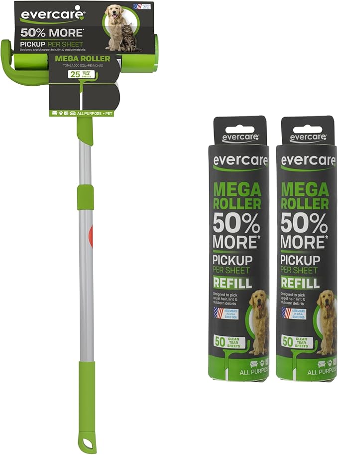 Evercare Pet Mega Lint Roller Value Pack with Two 50-Sheet Refills - Includes Refillable Lint Roller, Adhesive Sheets, Versatile Cleaning Uses, Home and On-The-Go Use, Extendable Handle-PurrikoPets