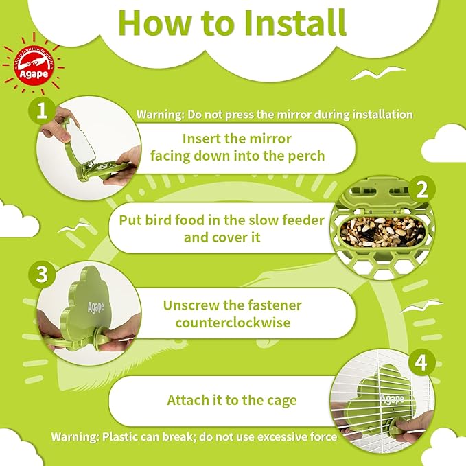 Agape Bird Mirror with Perch&Slow Feeder, Birds Toys for Boredom&Anxiety, Bird Cage Accessories for Parrots to Expend Energy, Interactive Toys for Parakeet, Cockatiel, Lovebird, Conure, Finch, Budgies-PurrikoPets