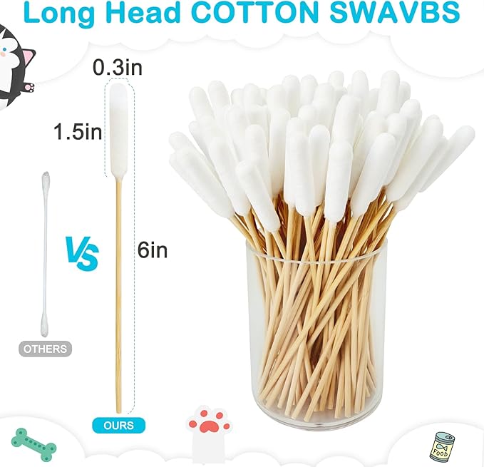 100 PCS Professional Dog Ear Cleaning Swabs - 6-inch Large Cotton Swabs, Gentle and Comfortable Bamboo Cotton Buds, Prevent Infections, Ideal Solution for Pet Ear Care (Long Tips)-PurrikoPets