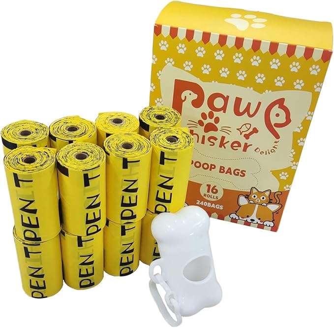 Dog Poop Bag, Biodegradable, Waste Bags with Dispensers, Guaranteed Leak Proof and Extra Thick, Certified Home Compostable, Plant-Based Dog Waste Bags, Eco-Friendly, 240 counts 16 rolls (Yellow, 16)-PurrikoPets