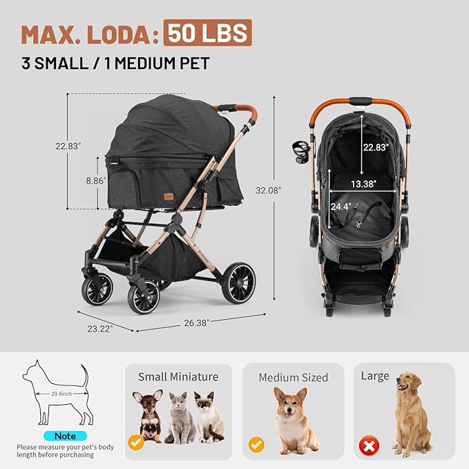 EchoSmile Small Medium Dogs Stroller 4-Wheel Pet Strollers for Medium Dogs Up to 50lbs, One Click Folding Large Cat Stroller, Reversible Handle, Shock Absorbing Wheels, Removable Washable Pad-PurrikoPets