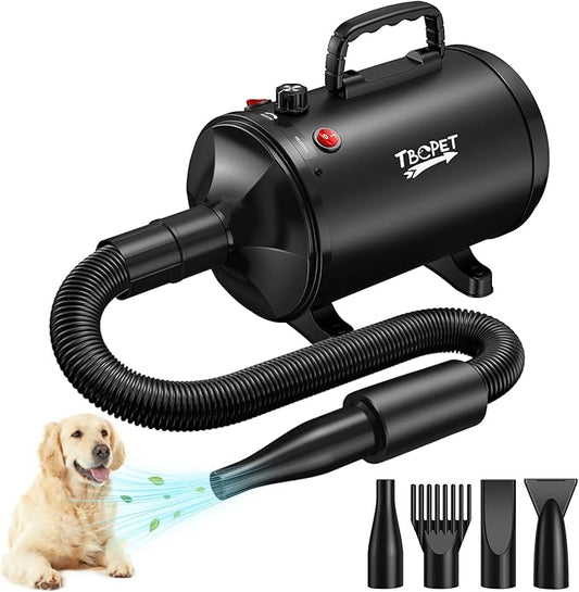 Dog Dryer High Velocity Dog Hair Dryer with 4 Nozzles 5.2HP/3800W (Professional Super Cyclone), Stepless Adjustable Speed Temperature Dogs Grooming Blow Dryer with Heater for Pets Hair Dryer, Black-PurrikoPets