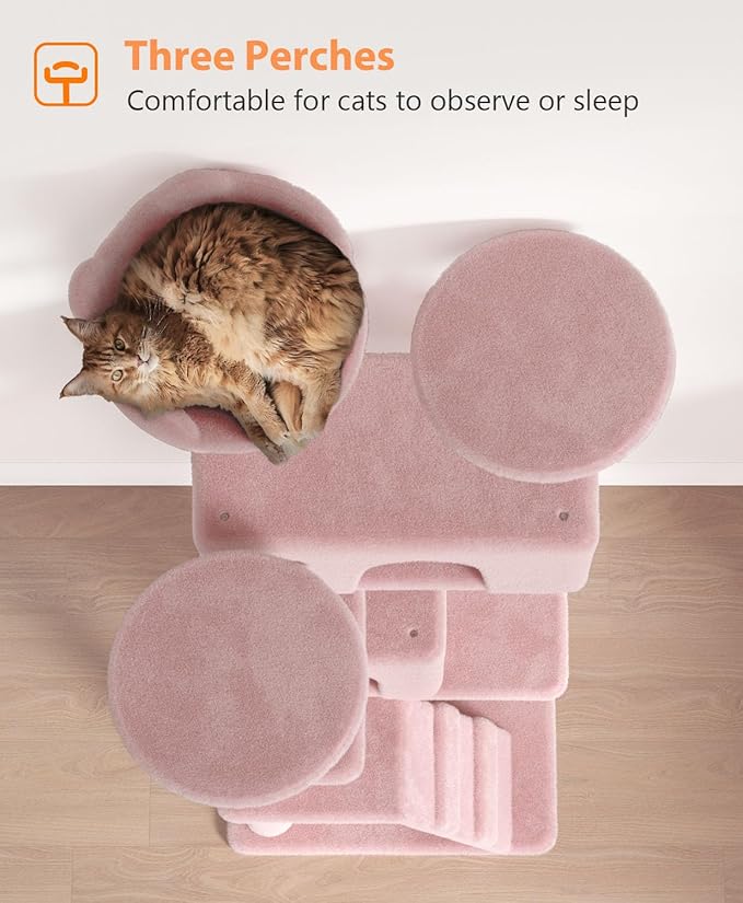 77'' Cat Tree Tower for Indoor Cats Large Adult, Cute/Tall Modern Cat Tree for Big Cats 20 lbs, Plush Multi-Level Cat Condo with Scratching Posts,Dangling Ball (Soft Pink, 77 inch)-PurrikoPets