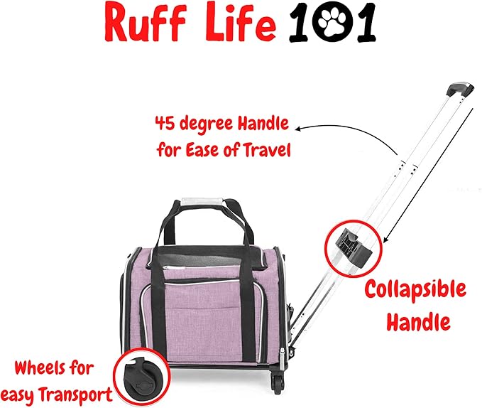 Airline Approved Expandable Premium Pet Carrier on Wheels- Two Sided Rolling Carrier- Designed for Dogs & Cats- Extra Spacious Soft Lined Carrier! - Pink (RL-PET-CARRIER-WHEELS)-PurrikoPets