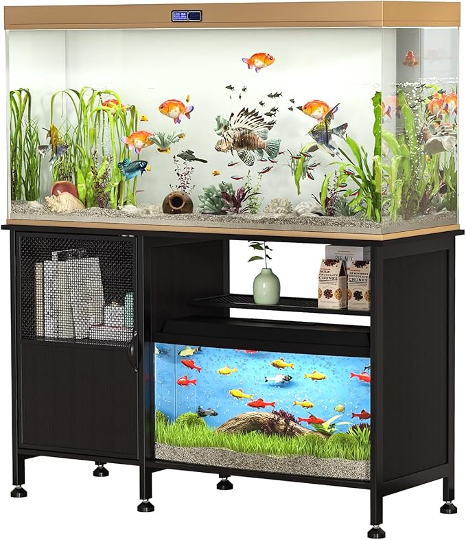 Fish Tank Stand, Modern Aquarium Stand with Built-in Cabinet and Shelves - Sleek Black Iron and Wood Grain Design for Stylish Home Décor（ 51.97" x W 19.69" x H 31.5"） Black-PurrikoPets