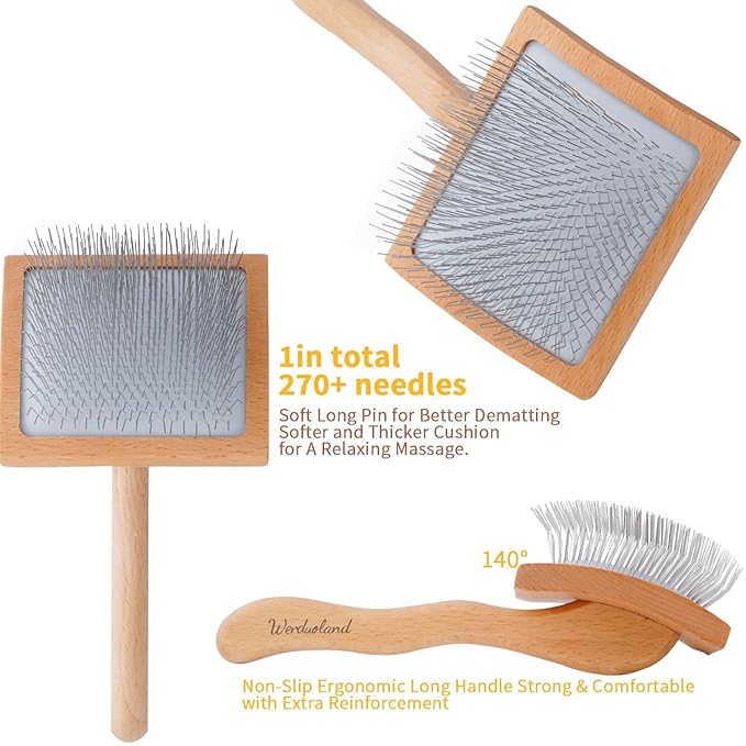Ergonomic Slicker Brush for Long-Haired Dogs - Wooden Handle, Long Pins for Grooming Goldendoodles-PurrikoPets